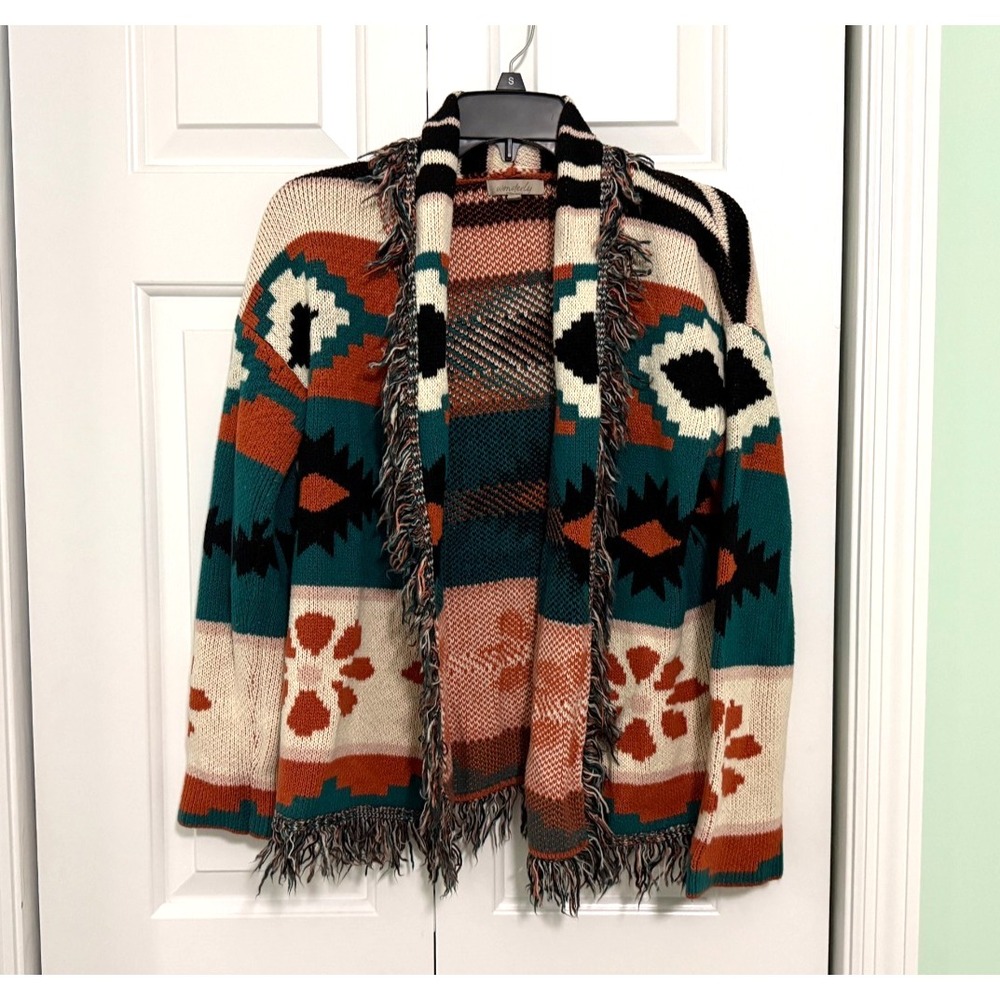 Wonderly Geometric Tassel Edge Cardigan southwestern Aztec fringe hem XS Women's